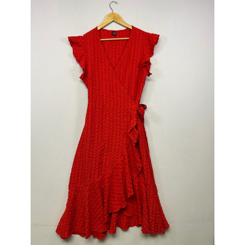 Boho Romantic SHEIN Womens XL Red Textured Ruffle Hem V-Neck Wrap Midi Dress
